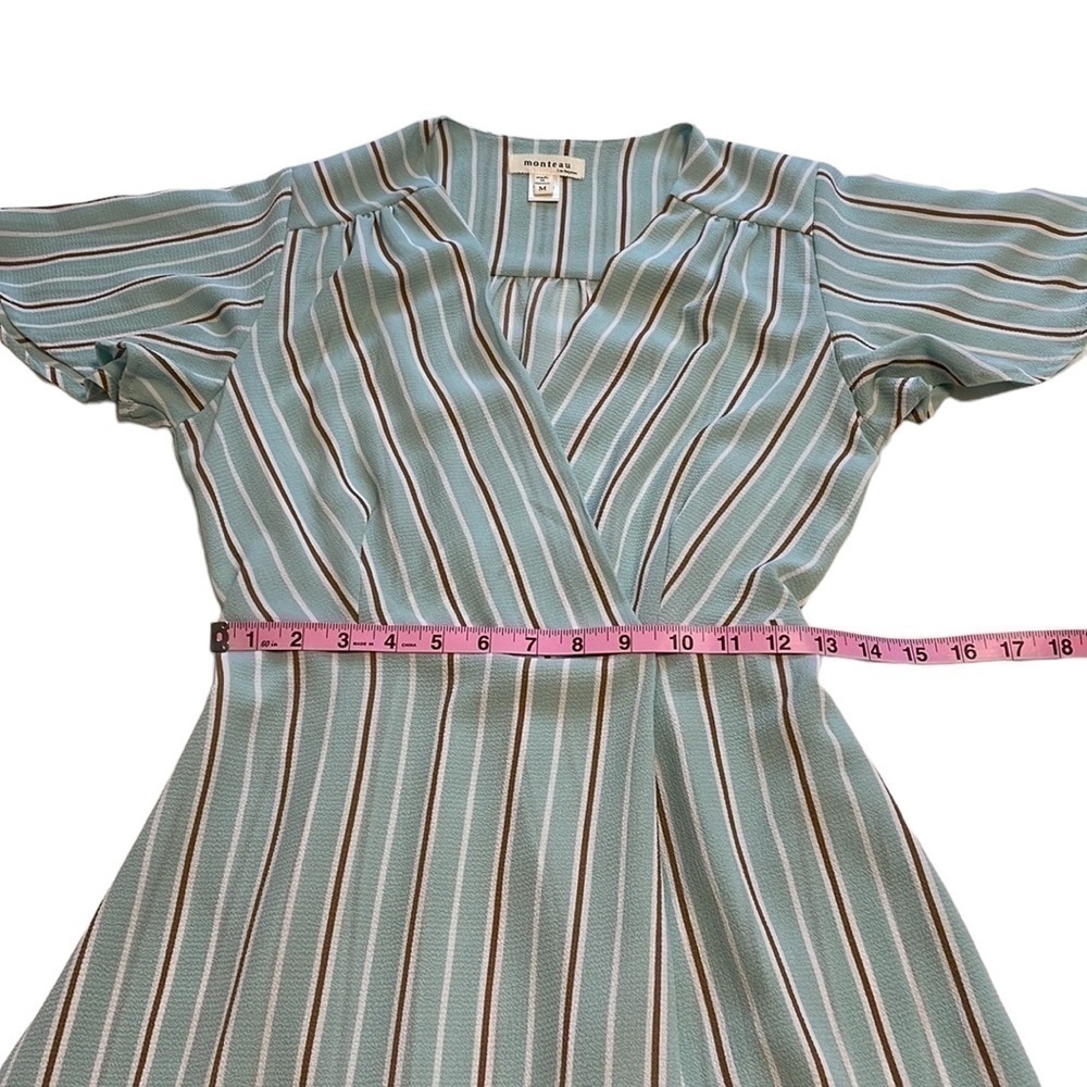 Pastel Striped Dress With Flutter Sleeve & Faux Wrap Tie Back- Size Medium - Picture 9 of 12
